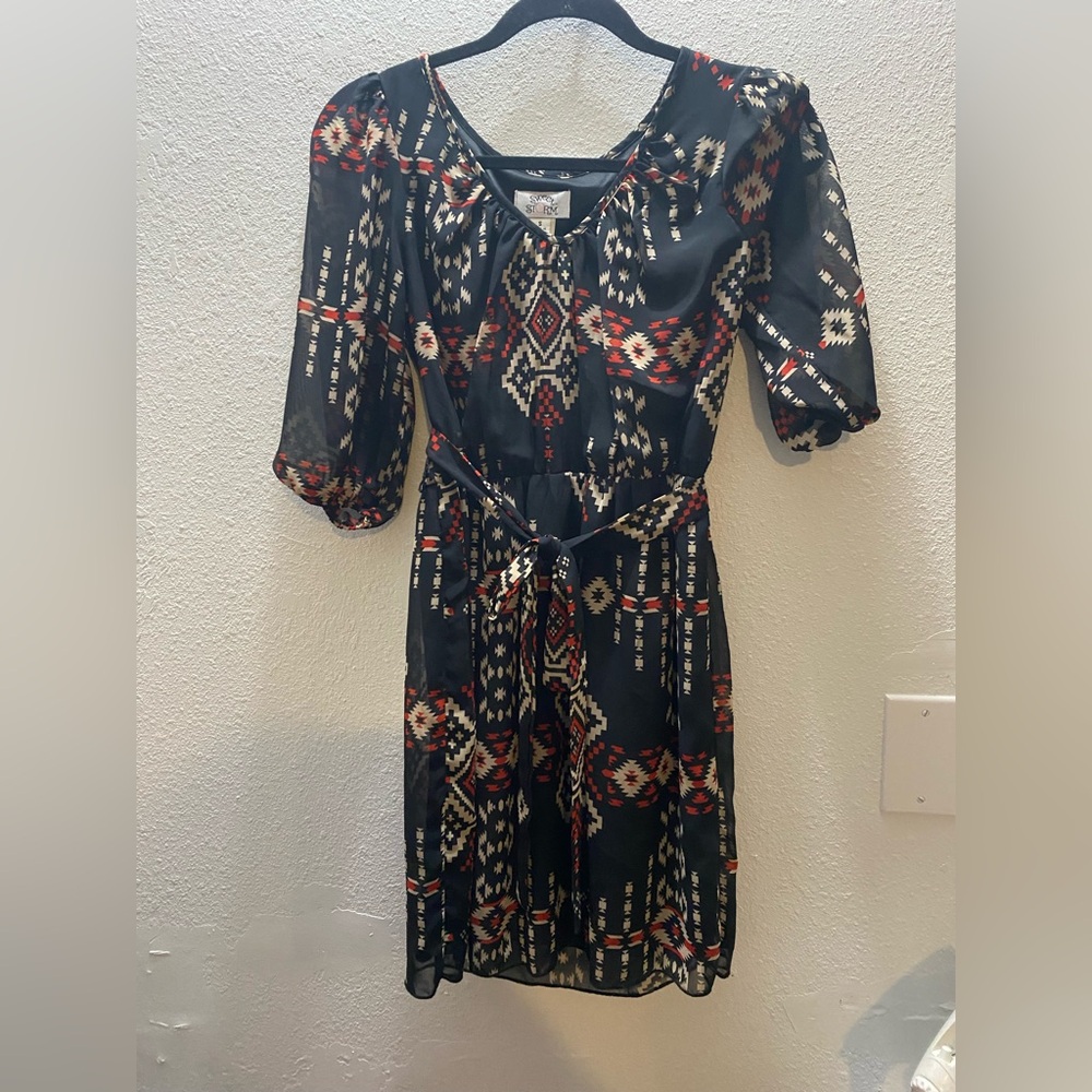 Sweet Storm Women's Size Small Black‎ Red Geometric Aztec Dress with belt Midi